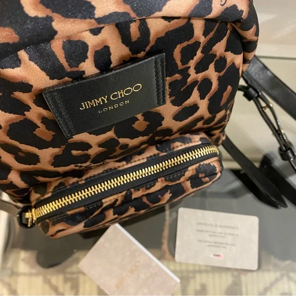 JIMMY CHOO Candice Onyp Natural Leo Nylon Leather Backpack NWT